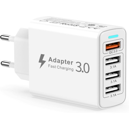 Cargador USB Multiple, 4 Puertos Enchufe USB Carga Rapida 33W QC3.0 Cargador Móvil Carga Rapida Adaptador Cargador Rapido para