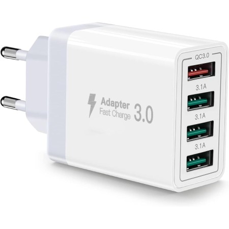 Cargador USB, Carga USBA de 4 Puertos con Cargador-rápido Smart QC 3.0 de 33W, Carga de Varios Puertos USB-Adaptador Compatible