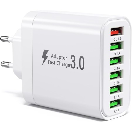 Cargador USB, Carga USBA de 4 Puertos con Cargador-rápido Smart QC 3.0 de 33W, Carga de Varios Puertos USB-Adaptador Compatible