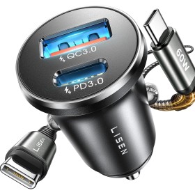 LISEN Cargador Coche Carga Rápida USB C 69W Accesorios Coche para Xiaomi 14t OPPO Cargador Mechero Movil Coche 12V Toma Gadgets