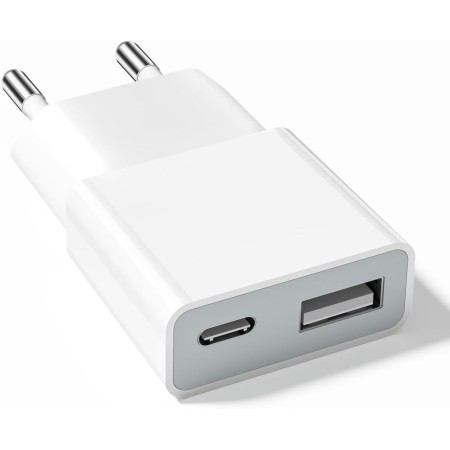 Cargador USB de 5W 5V/1A 2 Puertos USB C + USB A Adaptador de Enchufe para iPhone, Lector de Libros Electrónicos, Xperia, MP3,