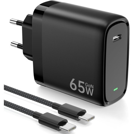 Cargador USB C 65W Charger con Tecnología PD3.0 y GAN II Cargador Carga Rápido PPS USB C Enchufe con Cable Tipo C 2M para iPhone
