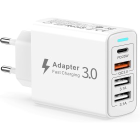 Cargador USB C 40W 4-Puerto Multiple Enchufe USB C PD&QC3.0 Tipo C Carga Rápida para iPhone 15/14/13/12/11/Pro Max/XS/XR/8,