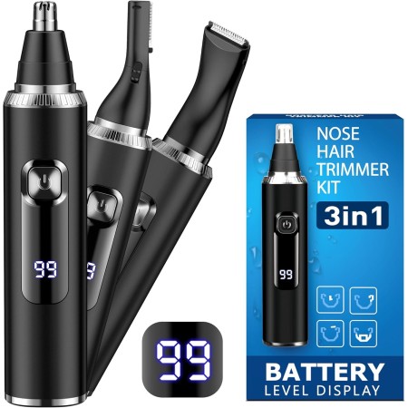 Cortapelos Nariz y Oreja, 3 en 1 Recortador Pelos Nariz, LED Batería Pantalla, Indoloro Quita Pelos Vello Facial, Corta Cejas,