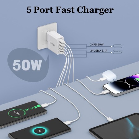 Cargador USB C 50W, Cargador múltiple Puertos con2 USBC y 3 USBA,Cargador de Pared Corriente USB, Adaptador de Corriente Fast