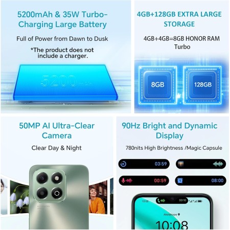 HONOR X6b 4G Smartphone 4GB 128GB, Cámara de 50MP, 5200mAh Batería, 6.56" 90Hz TFTLCD, Android 14, Dual Sim, NFC, Verde