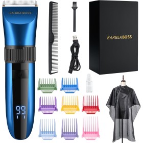 BarberBoss Recortadora de barba y pelo inalámbrica autoafilable, resistente al agua con cuchillas de cerámica, pantalla LED,