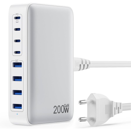 200W Cargador USB C Multiple, GAN III 8-Port USB C Cargador Portátil PD QC PPS Carga Rápida, 65W Portátil Adaptador Cargador