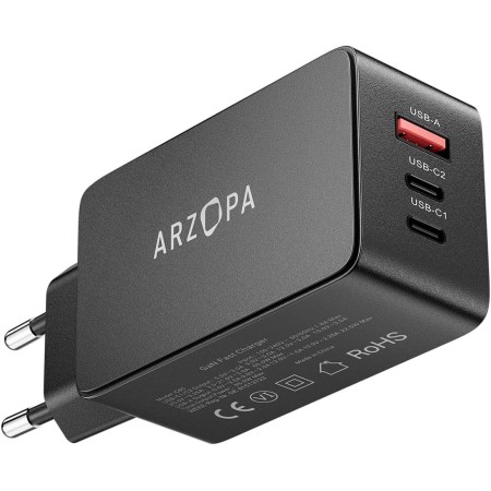 ARZOPA 65W Cargador USB C Rápida PD3.0 GAN Cargador Portatil 3 Puertos Enchufe USBC Cargador Movil Múltiple Tipo C Compatible
