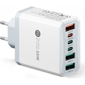 55W Cargador USB C Carga Rapida, 6 Puertos PD 25W 18W Compatible con Samsung Galaxy S25 S24 S23 iPhone 16/15/14/13/12 iPad