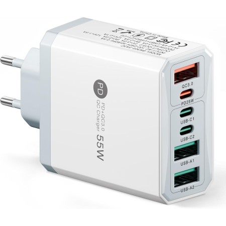 55W Cargador USB C Carga Rapida, 6 Puertos PD 25W 18W Compatible con Samsung Galaxy S25 S24 S23 iPhone 16/15/14/13/12 iPad