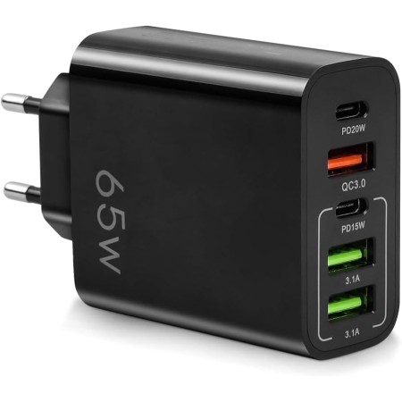Cargador de movil Cargador USB 5 Puertos de Carga 65W Carga rápida Adaptador USB C Cargador Universal Apto para Todo Tipo de