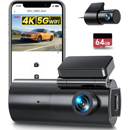 GKU Dashcam Cámara Coche 4K/2.5K, 5GHz WiFi Dash CAM Coche con Tarjeta SD de 64GB, Camara Coche Grabadora,170° Gran