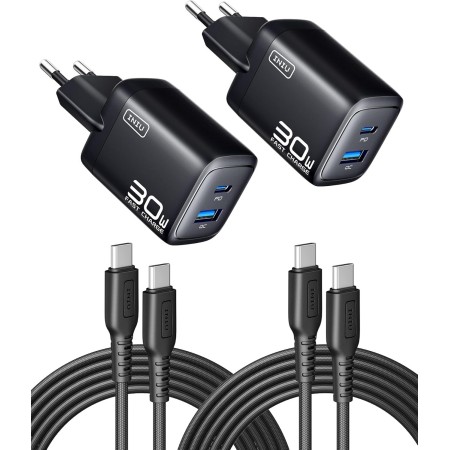 INIU 30W Cargador USB C 2-Paquetes, [USBC + USBA] 2-Puertos Tipo Enchufe Cargador Carga Rapida, Múltiple Cargadores Rápido Pared