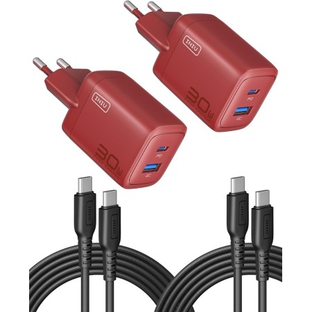 INIU 30W Cargador USB C 2-Paquetes, [USBC + USBA] 2-Puertos Tipo Enchufe Cargador Carga Rapida, Múltiple Cargadores Rápido Pared