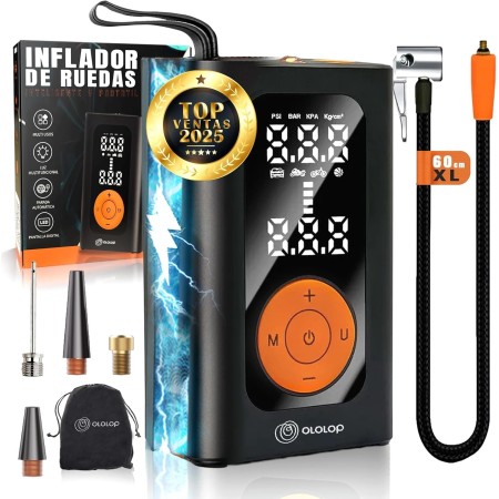 OLOLOP® SUPER Inflador Ruedas Coche PREMIUM con Linterna + GUIA para Llevar a tu Familia Segura | compresor Aire portatil |