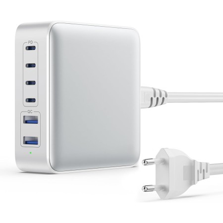 200W Cargador USB C Multiple, 6-Puertos GAN III Enchufe Cargador, 65W PD+QC Carga Rapida Portátil Adaptador con 4 Tipo C y 2