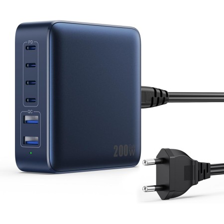 200W Cargador USB C Multiple, 6-Puertos GAN III Enchufe Cargador, 65W PD+QC Carga Rapida Portátil Adaptador con 4 Tipo C y 2