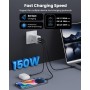 150W Cargador USB C, 3 Puertos GAN IV Tech Enchufe Cargador PD QC PPS 100W Carga Rápido Portátil USB Adaptador para MacBook
