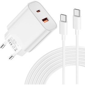 Cargador USB C de 20W - Carga Súper Rápida de Doble Puerto con Cable USB C de 2M, Adecuado para iPhone 16/15, para Samsung