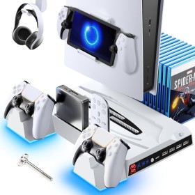 Fenolical Soporte Delgado para PS5/PS5, estación de Carga extraíble con Ventilador de 3 Niveles y luz, controlable