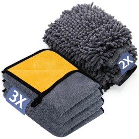 YSWOVUO Juego de 3 Piezas Bayeta Microfibra & 2 Piezas Manoplas de Secado Lavado, 600 g/m² Toalla Secado Coche para Secar Sin