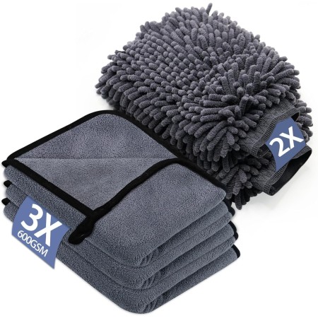 YSWOVUO Juego de 3 Piezas Bayeta Microfibra & 2 Piezas Manoplas de Secado Lavado, 600 g/m² Toalla Secado Coche para Secar Sin