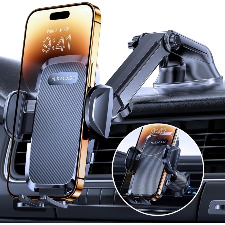Miracase Soporte Movil Coche [Potente Ventosa], Doble Soporte Metálico para Parabrisas/Salpicadero/Ventilación de Aire, Soporte