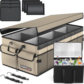 FORTEM Organizador de Maletero Coche y SUV - Caja Plegable con 3 Compartimentos Extra Grande con Bolsa Nevera - Base