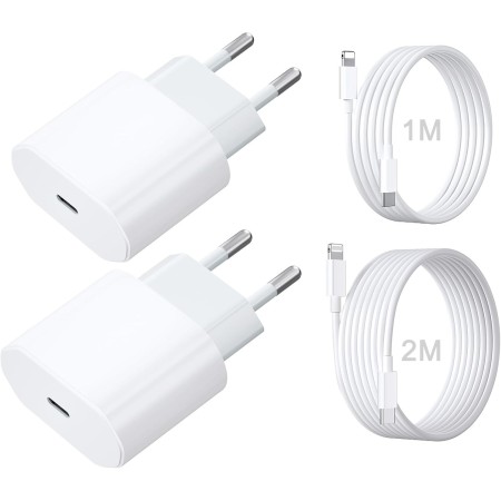 Cargador USB C Dual de 20W con Cable iPhone de 2M + Cable Cargador iPhone de 1M, Cargador iPhone Carga Rapida para iPhone 14/13/