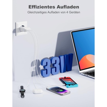 Cargador USB Multiple, 33W QC3.0 4 Puertos Enchufe USB Carga Rapida 33W Cargador Movil para iPhone 14/13/12/11 Pro
