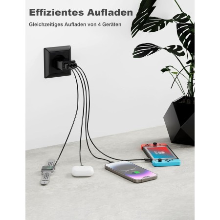 Cargador USB Multiple, 33W QC3.0 4 Puertos Enchufe USB Carga Rapida 33W Cargador Movil para iPhone 14/13/12/11 Pro