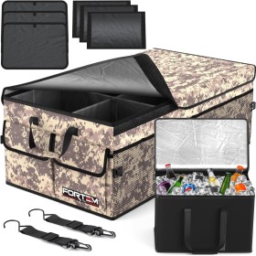 FORTEM Organizador de Maletero Coche y SUV - Caja Plegable con 3 Compartimentos Extra Grande con Bolsa Nevera - Base