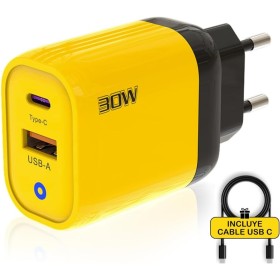 3-Stars | Cargador de 30W con 2 Puertos (Tipo C y Tipo A), Incluye Cable USB C, Carga Rápida QC 3.0, Compatible con Samsung,