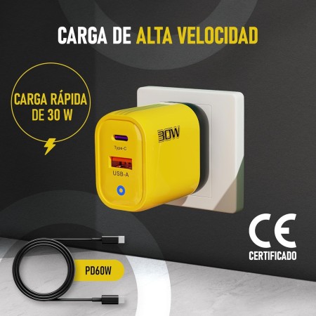 3-Stars | Cargador de 30W con 2 Puertos (Tipo C y Tipo A), Incluye Cable USB C, Carga Rápida QC 3.0, Compatible con Samsung,