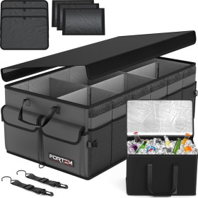 FORTEM Organizador de Maletero Coche y SUV - Caja Plegable con 3 Compartimentos Extra Grande con Bolsa Nevera - Base