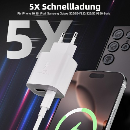 25W Cargador Carga Rapida para Samsung Galaxy A56 A55 A54 A53 A36 A35 A34 A26 A25 A16 A15 A14 A13 A06 A05s S25 S24 S23 S22 S21