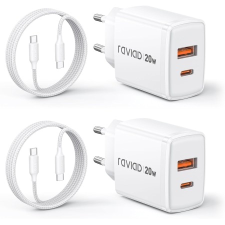 RAVIAD Cargador USB C Carga Rapida 20W, 2Pcs USB C Enchufe Rapido 2-Puerto y Cable Tipo C Carga Rapida 2M, Carga Rapida Tipo C