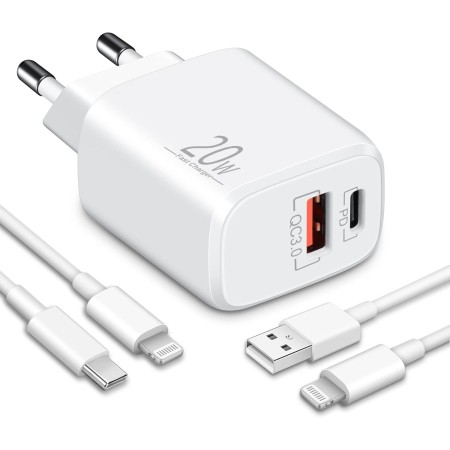 20W 2-Puerto Carga Rapida Cargador para iPhone 14 13 12 11 Pro MAX Plus Mini SE XS XR X 8 7, iPad, Airpods, USB-C USB-A Rapido