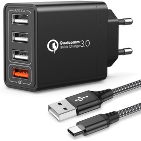 JOOMFEEN Quick Charge 3.0 Cargador USB de Pared con Cable USB Tipo C,30W QC 3.0 Cargador Móvil 4 Puertos Cargador de Red USB