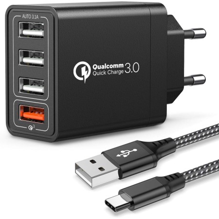 JOOMFEEN Quick Charge 3.0 Cargador USB de Pared con Cable USB Tipo C,30W QC 3.0 Cargador Móvil 4 Puertos Cargador de Red USB