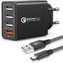 JOOMFEEN Quick Charge 3.0 Cargador USB de Pared con Cable USB Tipo C,30W QC 3.0 Cargador Móvil 4 Puertos Cargador de Red USB