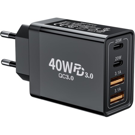 2-Pack Cargador USB C, Cargador Phone Carga Rapida PD 3.0, Enchufe Cargador de 4-Puerto, Adaptador de Cargador Múltiple Tipo-C