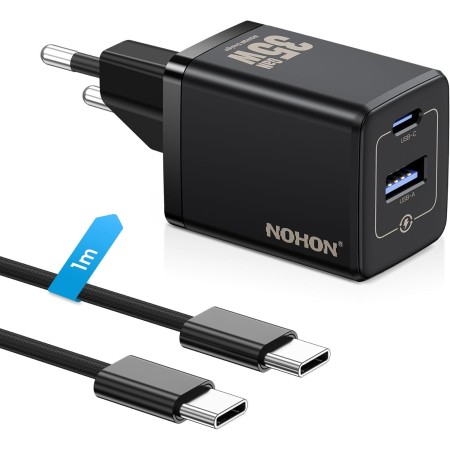 NOHON Cargador USB C Rapida：35W GAN Cargador USB C, Cargador Carga Rapida con 1M Cable Typ-C de 60W, 2-Puerto Enchufe USB C