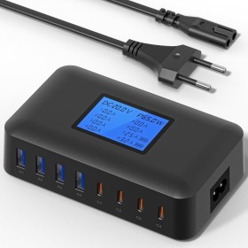 200W Cargador USB C Multiple, 8-Port USB C Cargador Portátil PD 65W Carga Rápida, Estación de Carga USB con Pantalla LCD, para