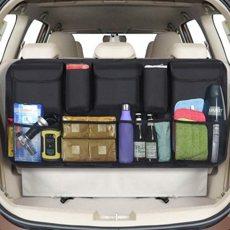 URAQT Organizador Maletero, Bolsas de Malla para Coche con 9 Bolsillos, Correa Ajustable y 3 Cinta de Fijación, Adecuado para