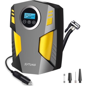 SYTUNG Inflador Ruedas Coche, Compresor Aire Portatil de Neumáticos de Coche con 3 Adaptadores de Boquilla y Luces LED
