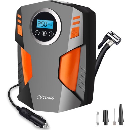 SYTUNG Inflador Ruedas Coche, Compresor Aire Portatil de Neumáticos de Coche con 3 Adaptadores de Boquilla y Luces LED