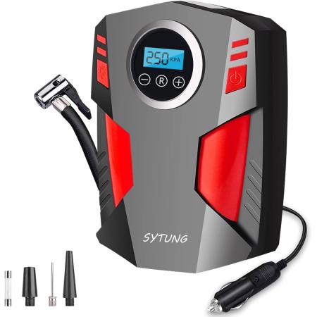 SYTUNG Inflador Ruedas Coche, Compresor Aire Portatil de Neumáticos de Coche con 3 Adaptadores de Boquilla y Luces LED