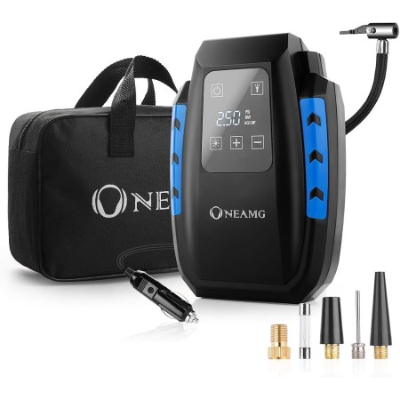 OneAmg Compresor de Aire Eléctrico Portátil Alimentado con Manómetro 12V con LED Luces de Emergencia para Hinchar Neumático de